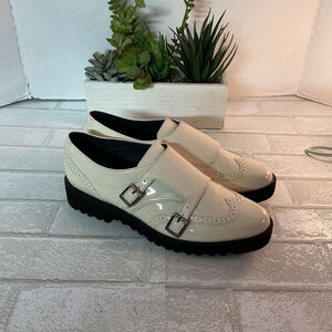 Franco Sarto Cream Patent Loafers with Black Soles